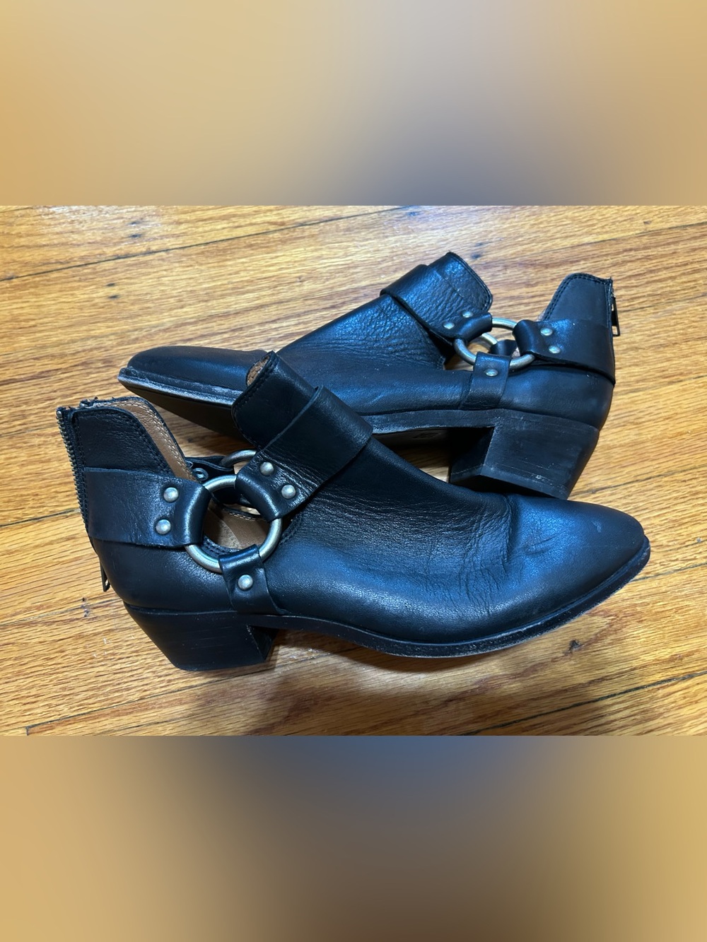 Frye Ray Harness Back Zip Black Leather Ankle Boots 8